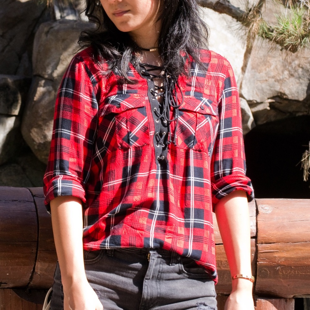 Express Plaid Lace Up Top